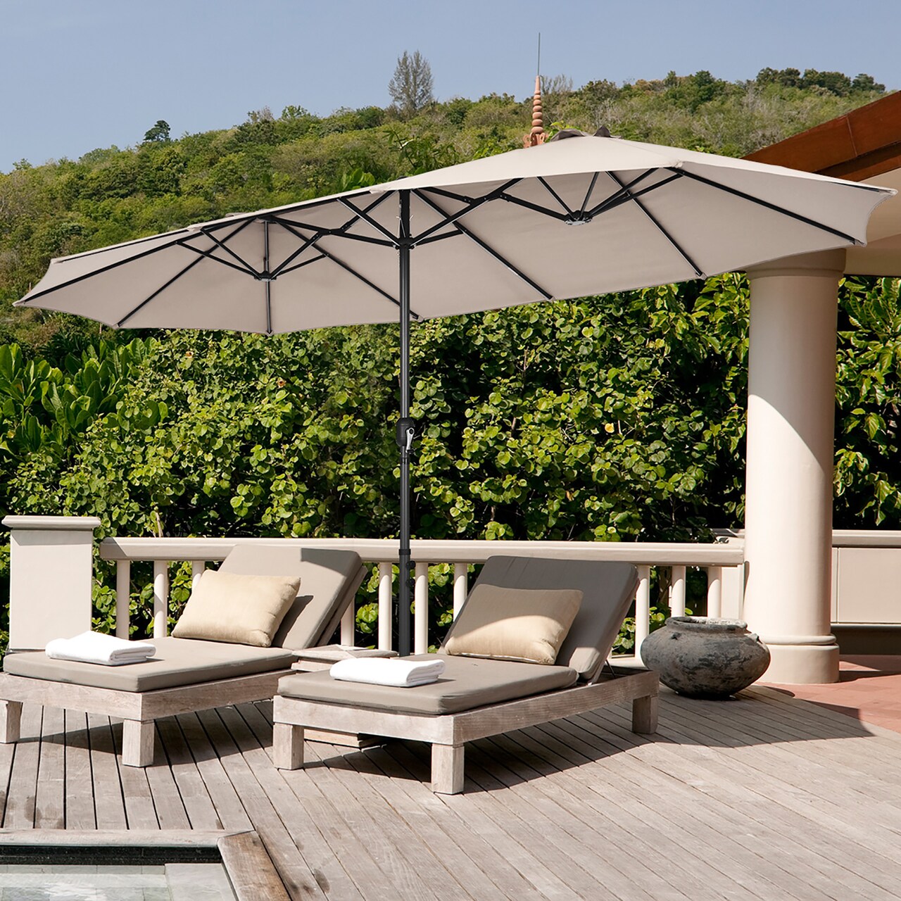 Costway 15FT Double-Sided Twin Patio Umbrella Sun Shade Outdoor Crank Market Base Beige/Coffee/Grey/Orange/Navy/Turquoise/Wine